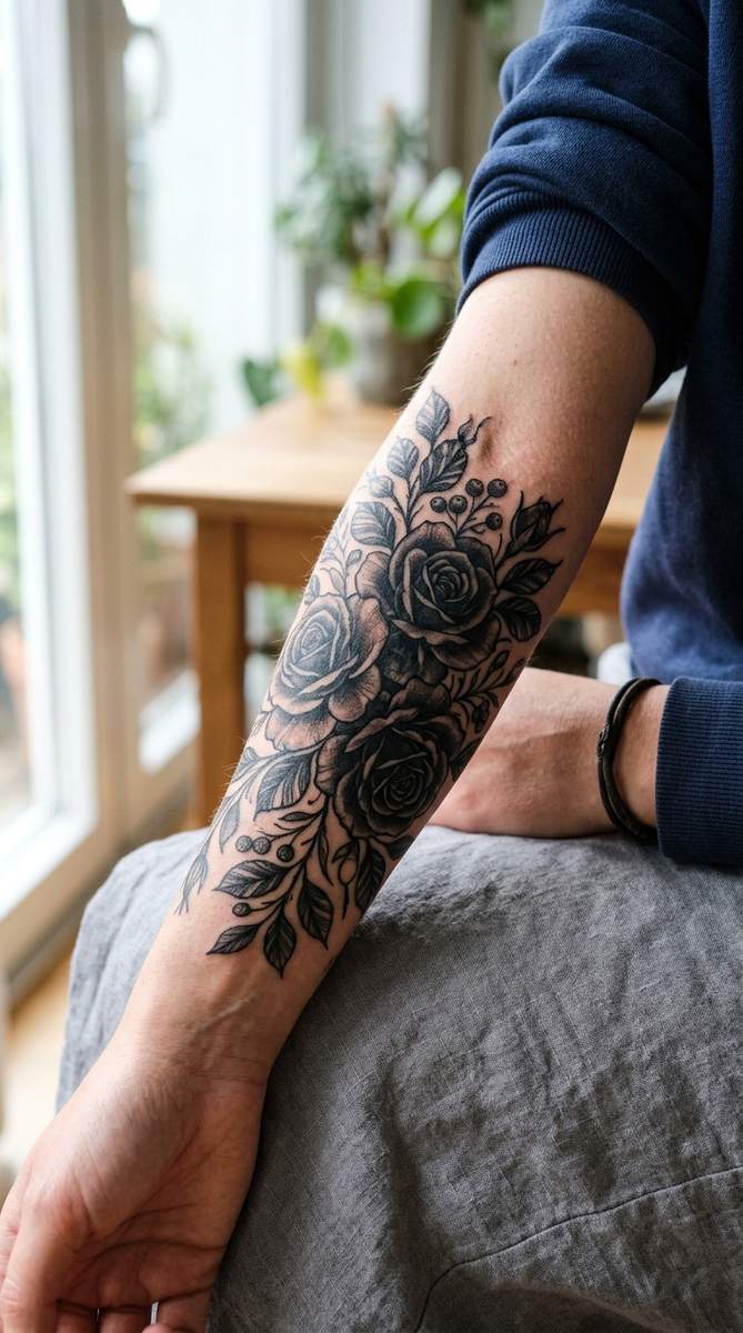 A woman's forearm showing a large dark floral cover-up tattoo of layered roses and leaves over old ink
