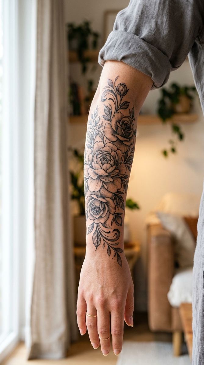 A woman's forearm with a cascading black and gray tattoo of peonies, roses, and curling leaves
