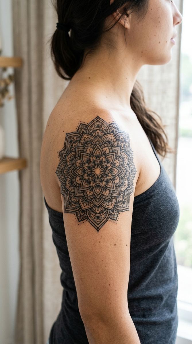 A woman's shoulder and upper arm with a large dark mandala tattoo radiating in symmetrical patterns