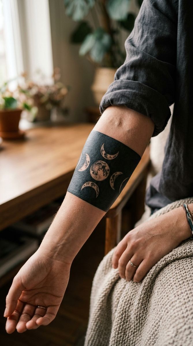 A woman's forearm with a blackwork tattoo of moon phases circling the arm