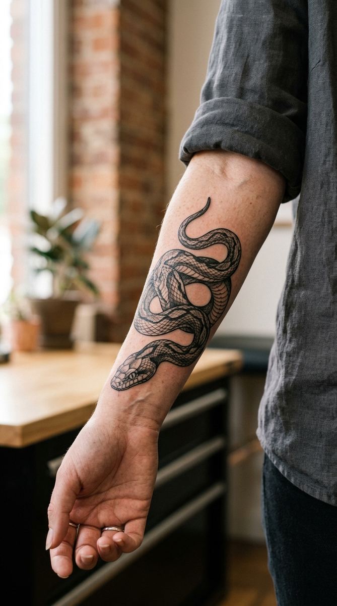 A woman's forearm with a realistic black and gray snake tattoo coiled around the arm