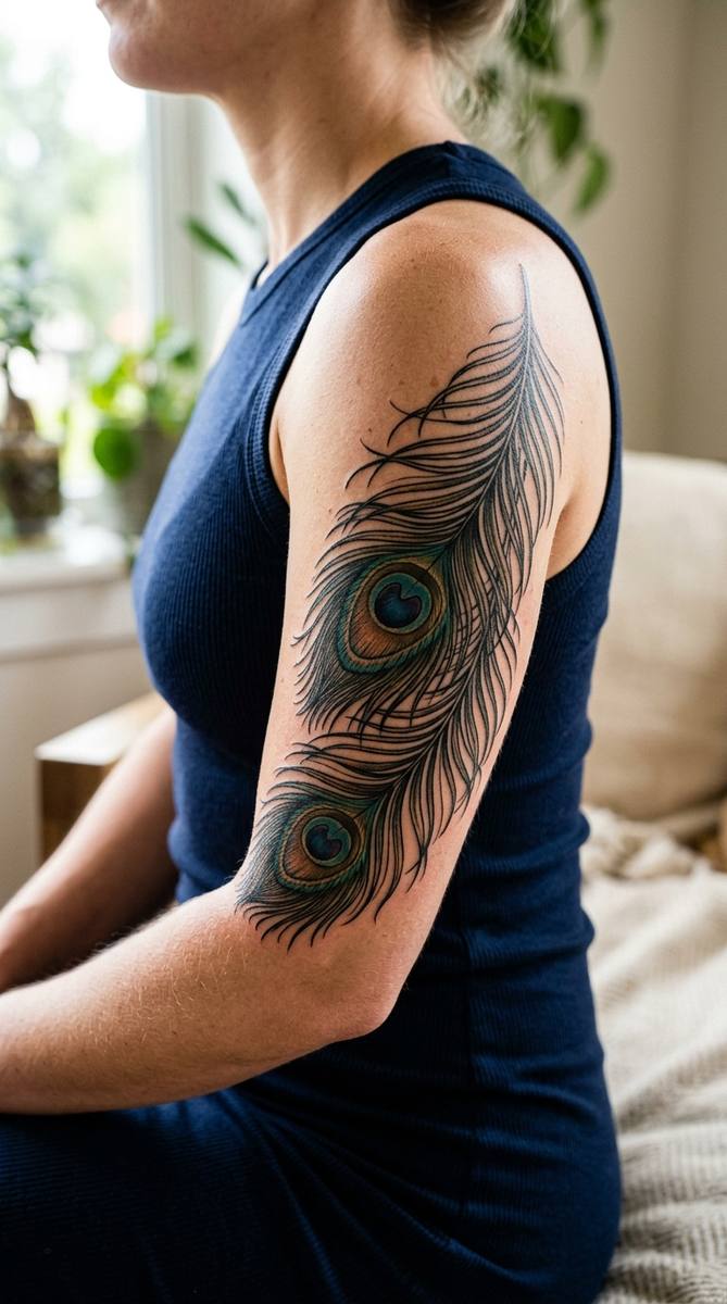 A woman's upper arm with a peacock feather tattoo with detailed eye patterns