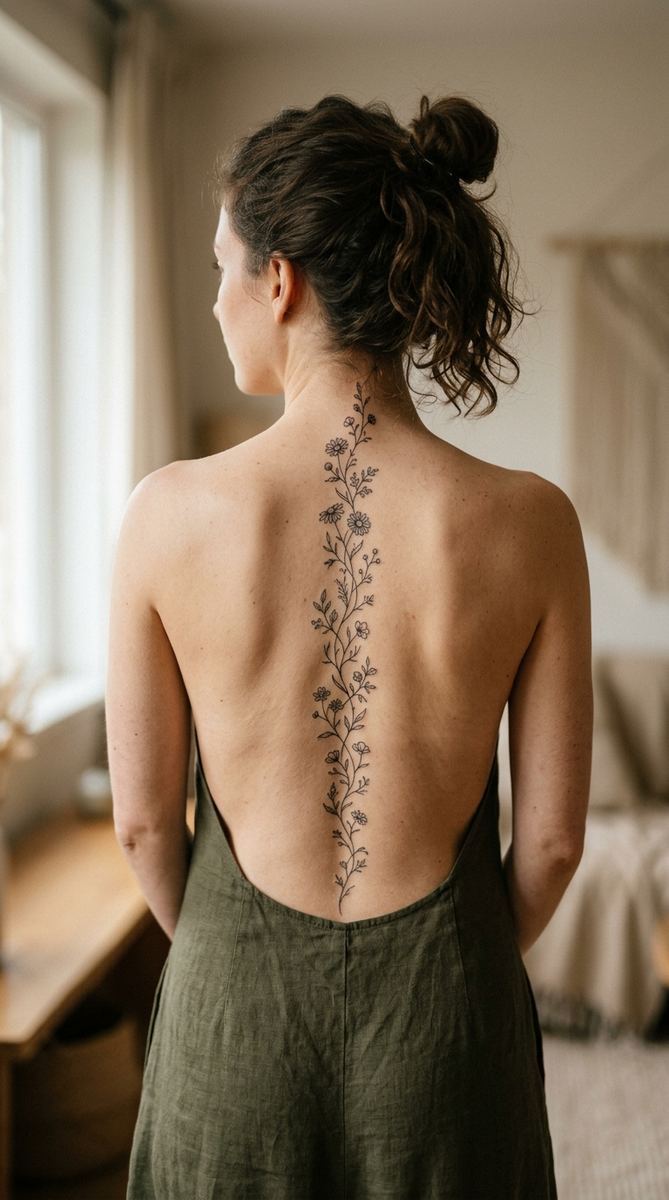 Delicate floral vine tattoo running vertically along a woman's spine