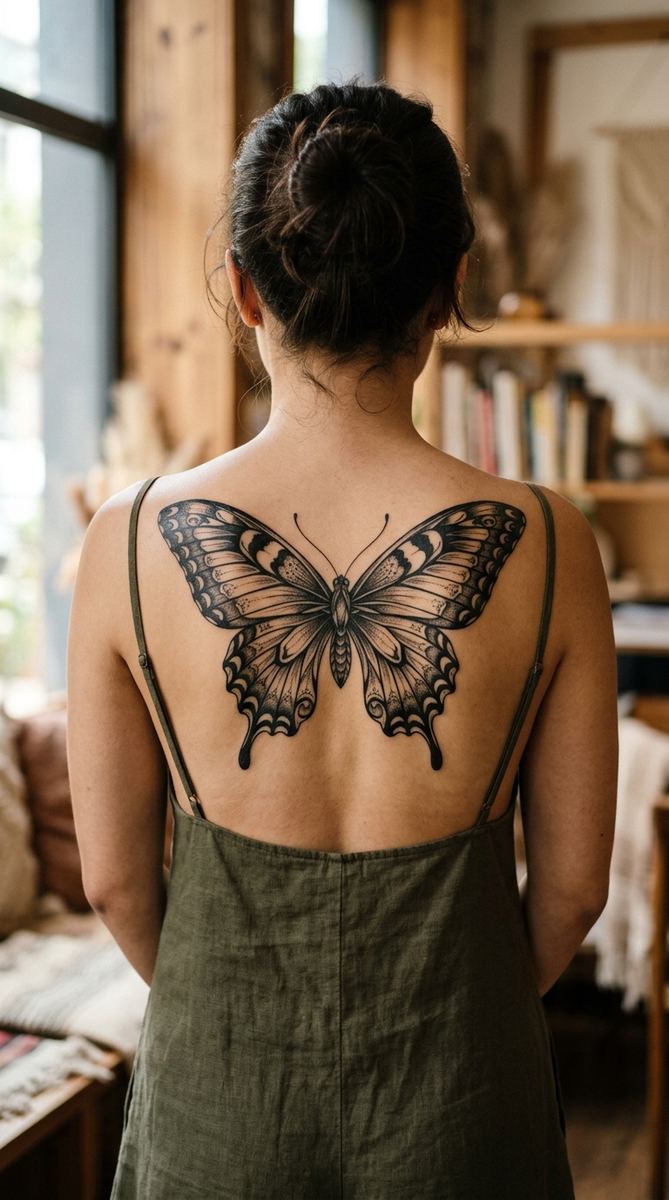 Symmetrical butterfly wings tattoo spanning a woman's upper back