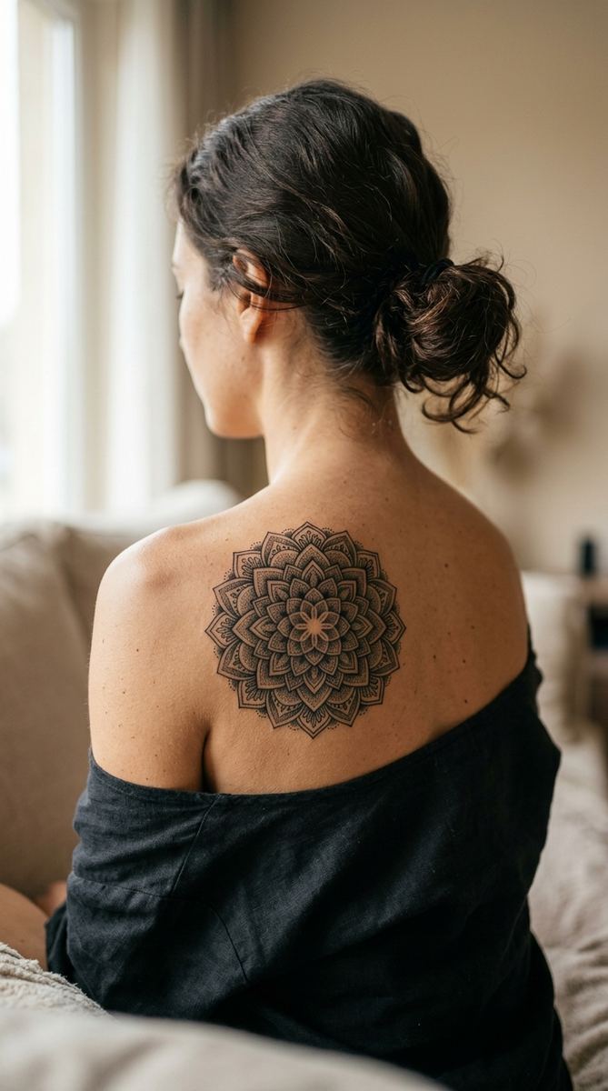 Circular mandala tattoo centered on a woman's shoulder blade
