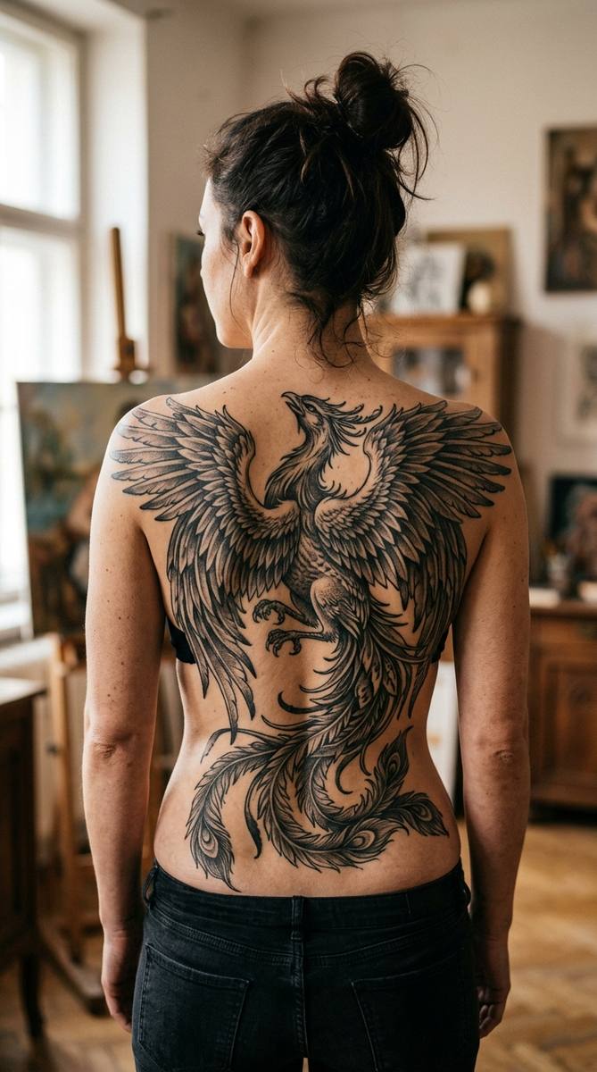 Large phoenix tattoo with spread wings across a woman's full back