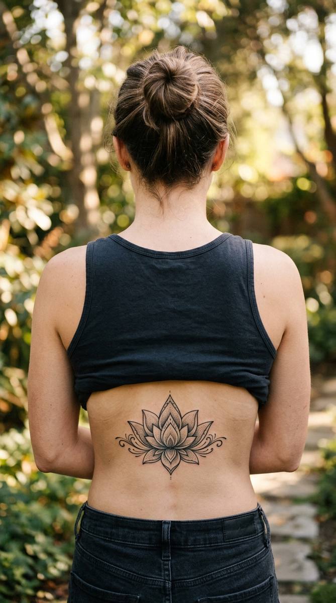 Lotus flower tattoo centered on a woman's lower back