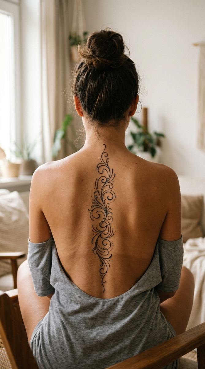 Abstract flowing script-style curves running along a woman's back