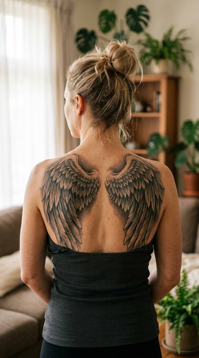 Large angel wings tattoo spanning a woman's shoulders and upper back