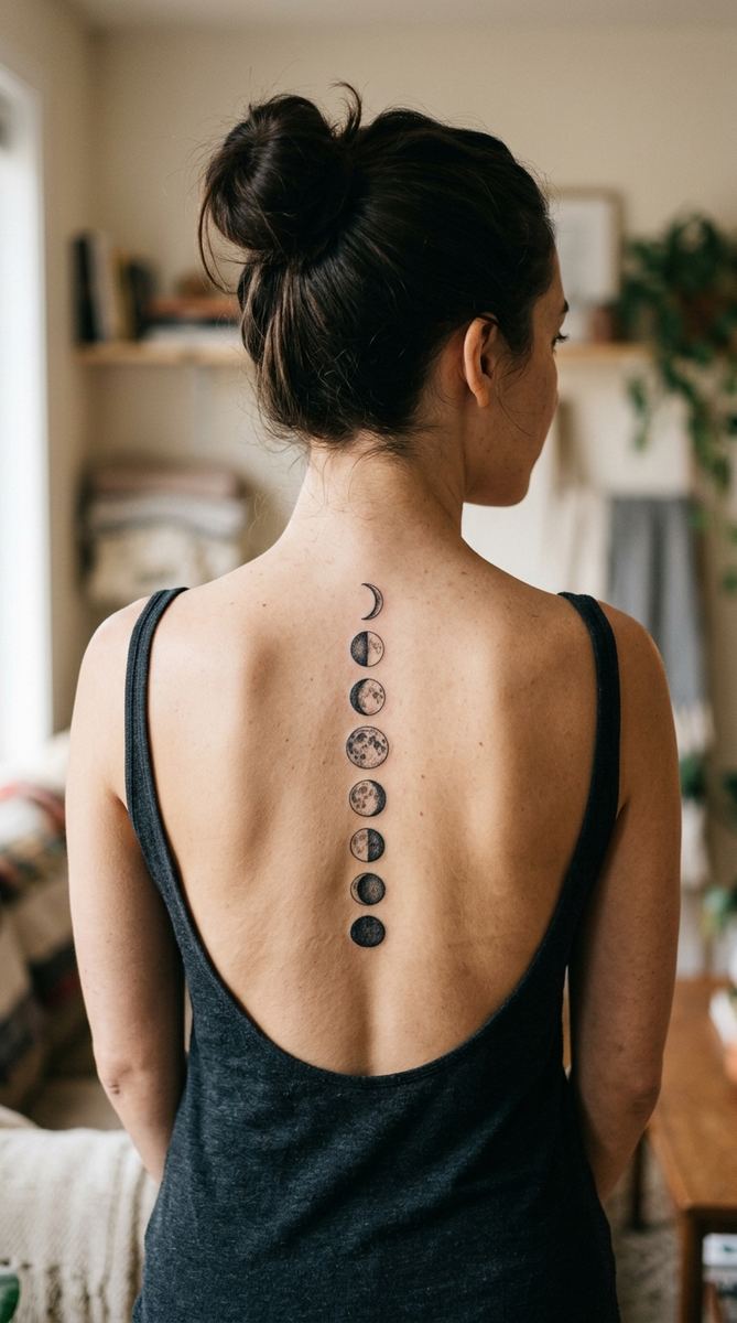 Moon phases tattoo in a vertical line down a woman's spine