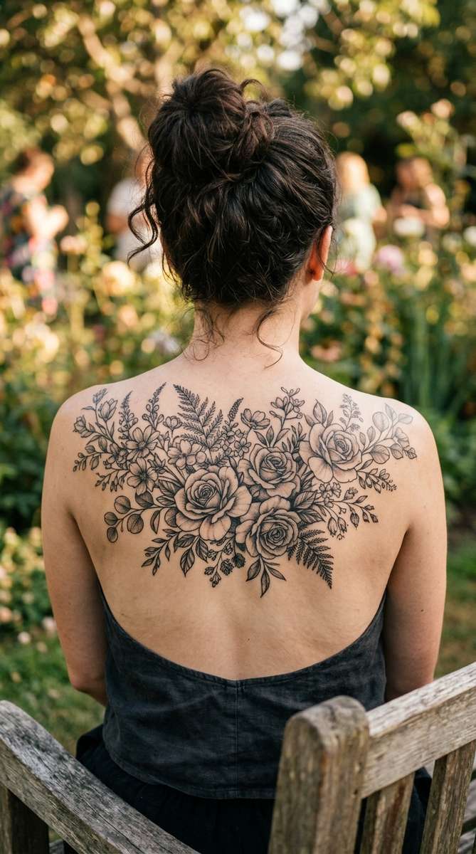 Lush floral bouquet tattoo across a woman's upper back