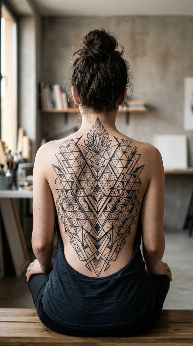 Geometric back piece tattoo with clean lines and triangles on a woman's back