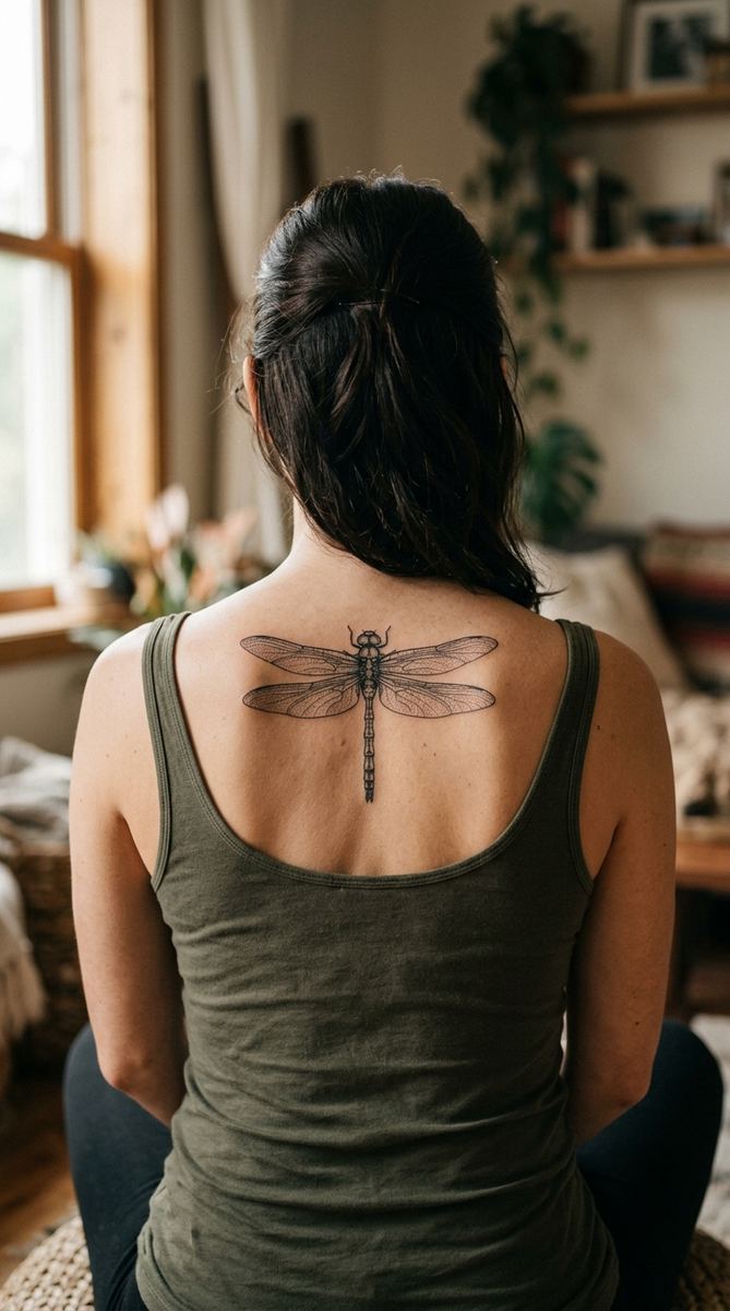 Dragonfly tattoo between a woman's shoulder blades