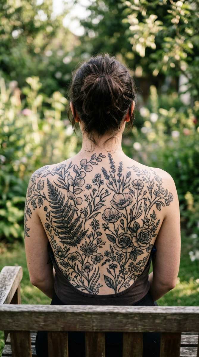 Botanical back garden tattoo with various plants and flowers covering a woman's back