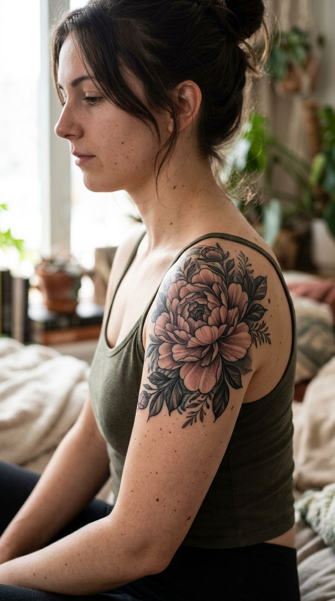 A woman's shoulder with a large, richly shaded peony tattoo in soft pink and deep charcoal tones, layered petals covering an older faded design.