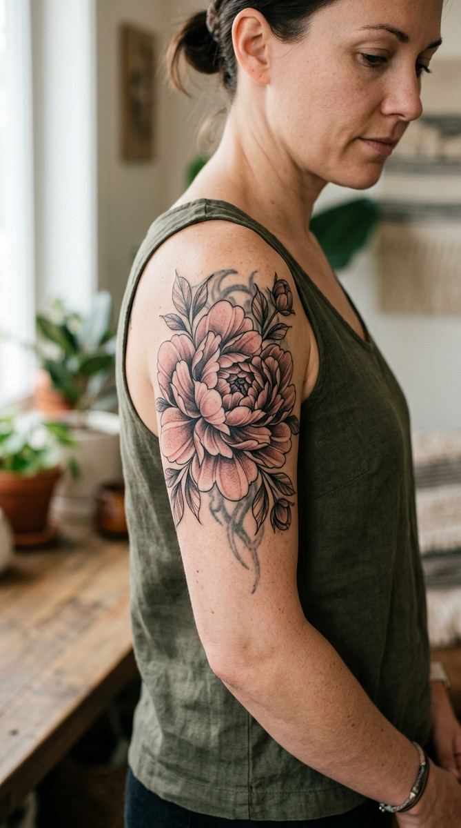 A woman's upper arm with a blooming peony tattoo in dusty rose and black shading, flowing over a faint older tattoo.