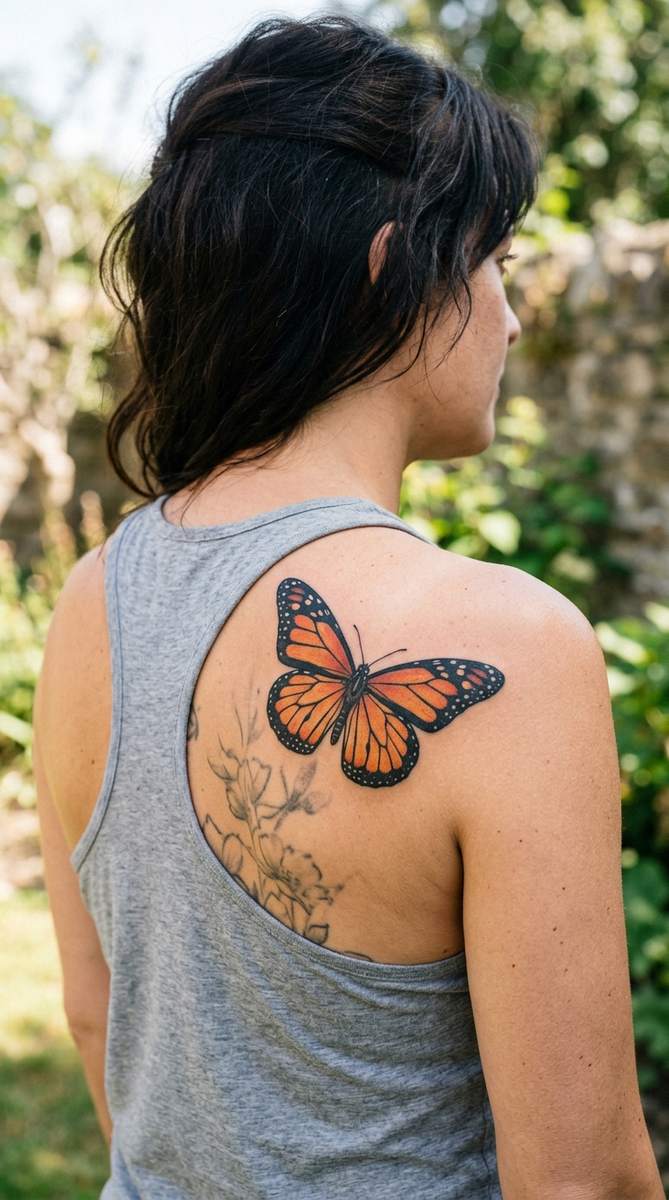 A woman's shoulder blade with a large monarch butterfly tattoo, vivid orange and black wings over an older faded design.