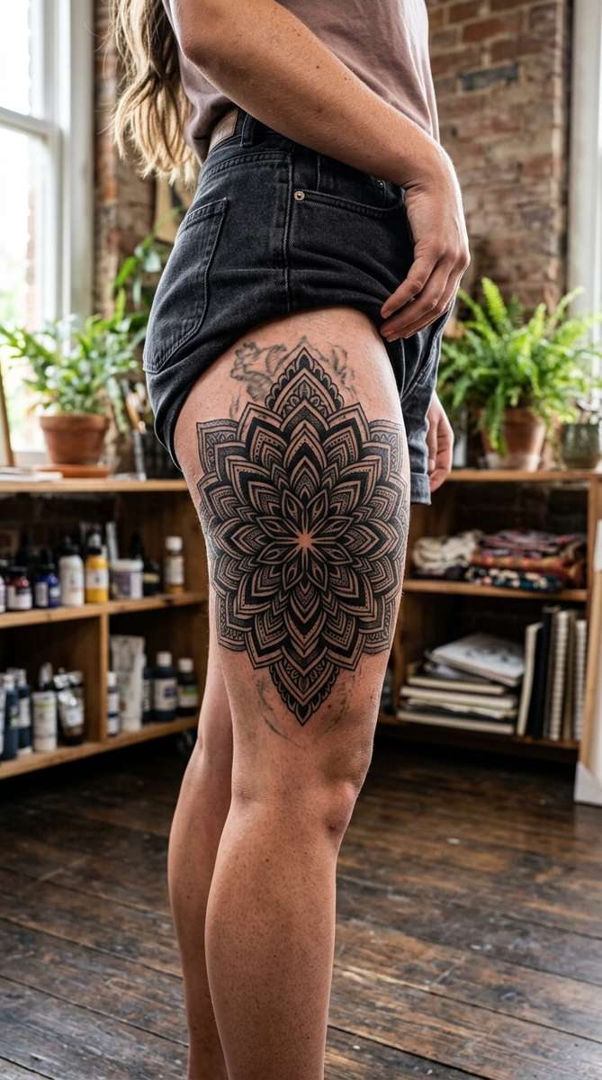 A woman's thigh with a bold blackwork mandala tattoo in perfect symmetry over an old dark tattoo.
