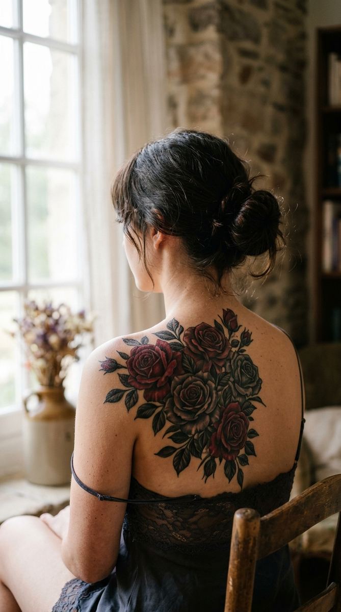 A woman's upper back with a cluster of realistic roses in deep red and black-grey shading hiding an older tattoo.