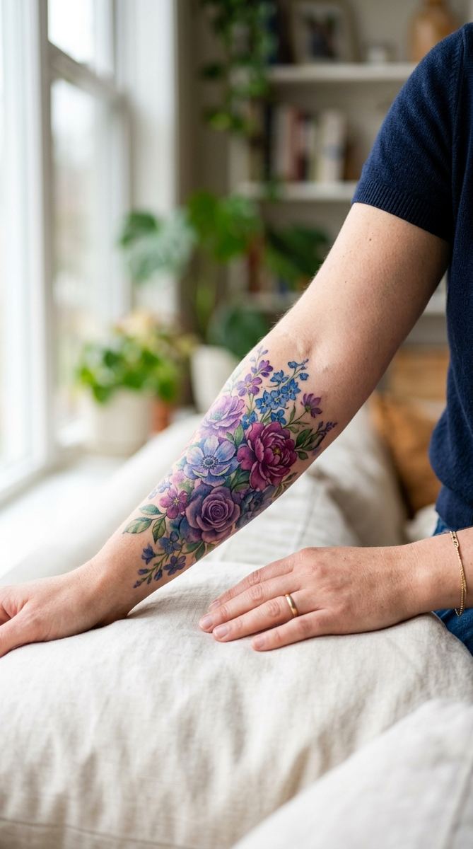 A woman's forearm with a watercolor-style floral tattoo in deep purples, blues, and magentas masking a light faded tattoo.