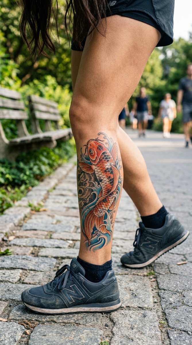 A woman's calf with a graceful koi fish tattoo in vibrant orange, white, and black winding over an older tattoo.