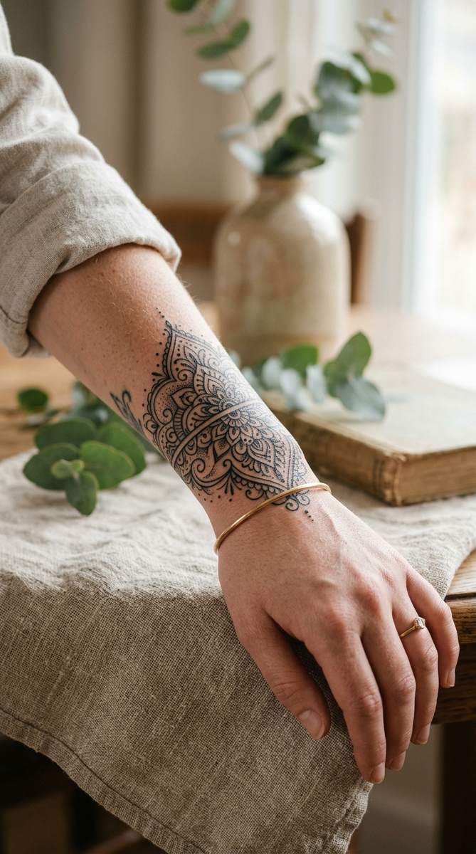 A woman's wrist and forearm wrapped in an ornamental lace-pattern tattoo concealing an older small tattoo.