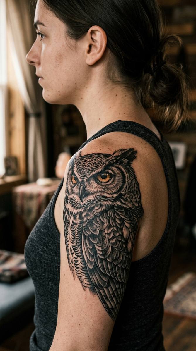 A woman's shoulder with a majestic owl tattoo, intricate black and grey feathers masking an older design.