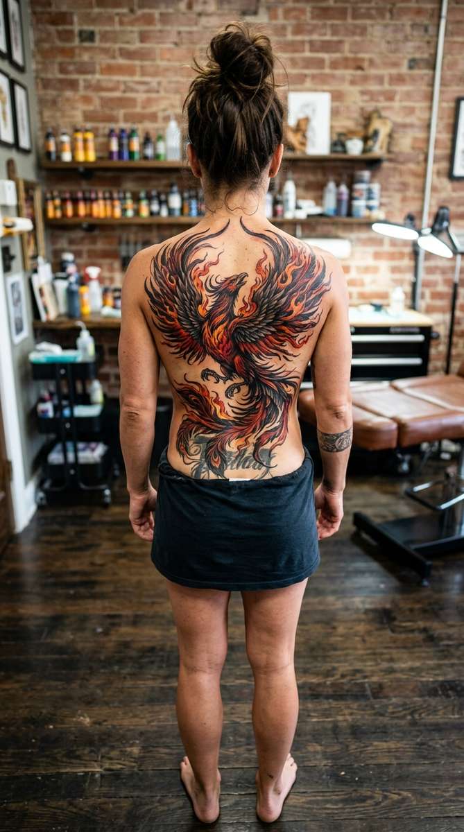 A woman's back with a phoenix tattoo rising in flames, deep reds and oranges swirling over an old tattoo.