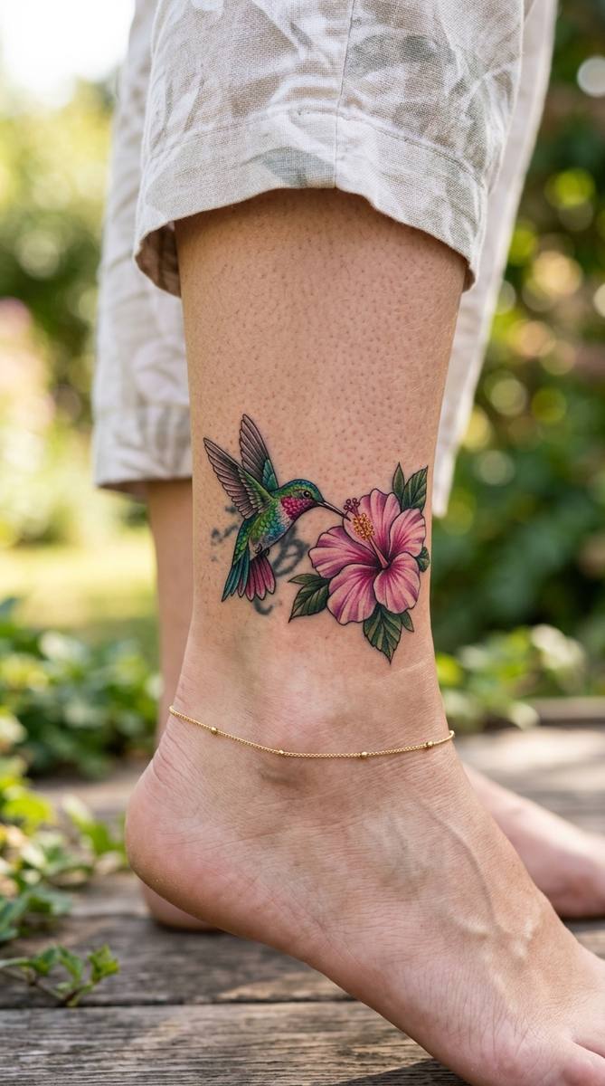 A woman's ankle with a tiny hummingbird tattoo beside a hibiscus flower, densely packed over a small old tattoo.