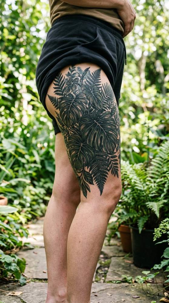 A woman's thigh covered in a dark botanical tattoo of monstera leaves and ferns overtaking an old large tattoo.