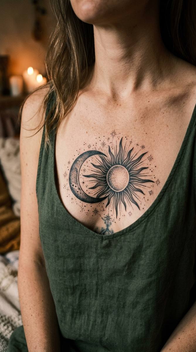 A woman's sternum with a sun and moon tattoo, dark shaded disc and bold rays covering an older design.