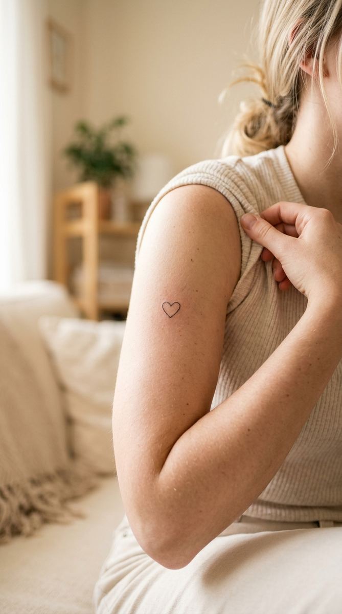 Tiny delicate heart outline tattoo on a woman's upper arm