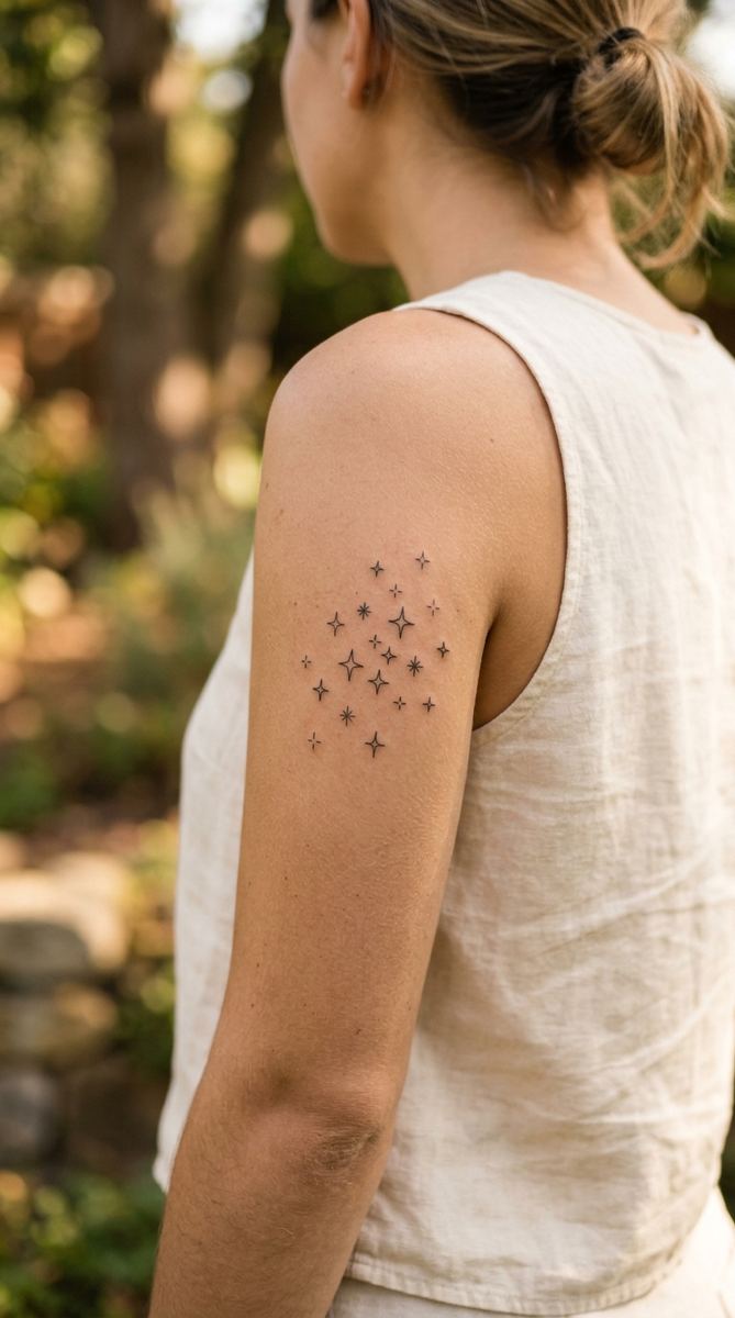 Mini star cluster tattoo with tiny four-pointed stars on a woman's upper arm