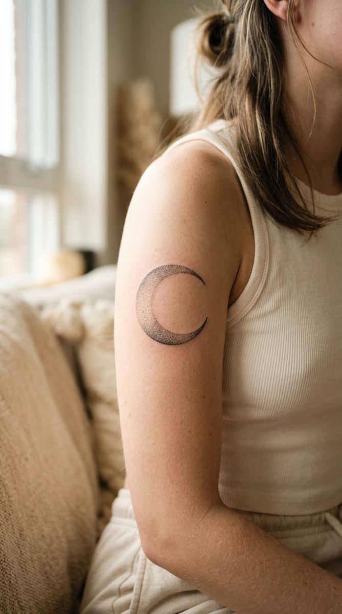 Delicate dotwork crescent moon tattoo made of tiny dots on a woman's upper arm
