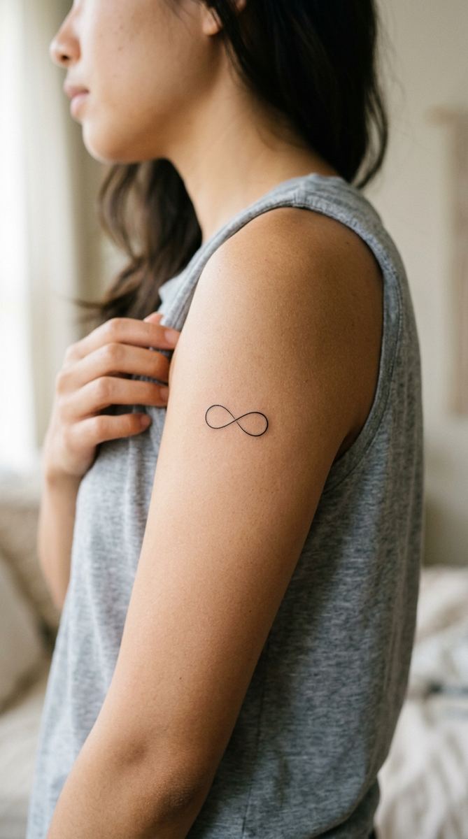 Tiny infinity loop tattoo in thin black ink on a woman's upper arm