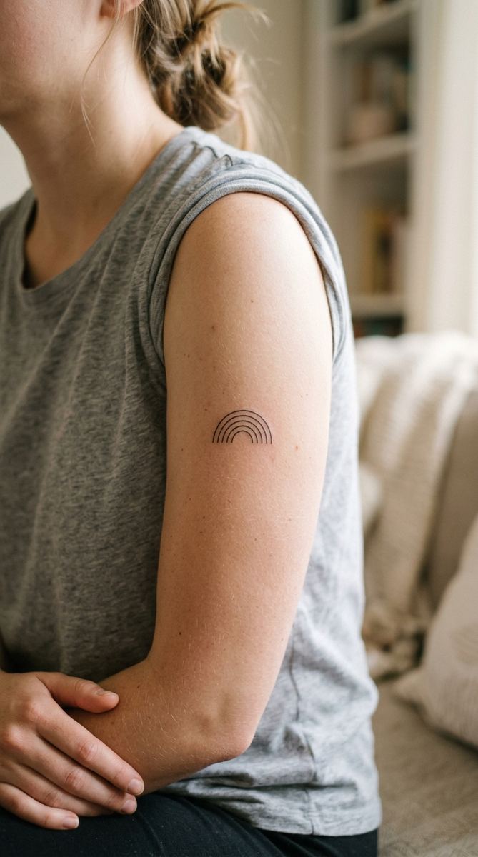 Miniature rainbow arc tattoo in thin black outline on a woman's upper arm