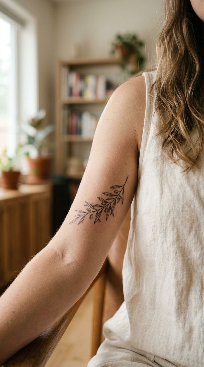 Delicate olive branch tattoo with tiny leaves in fine black ink on a woman's upper arm