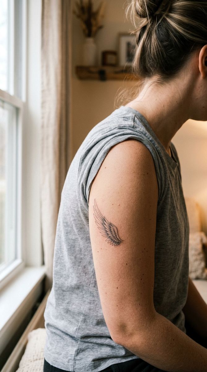 Small angel wing tattoo in fine black ink with soft feather detail on a woman's upper arm