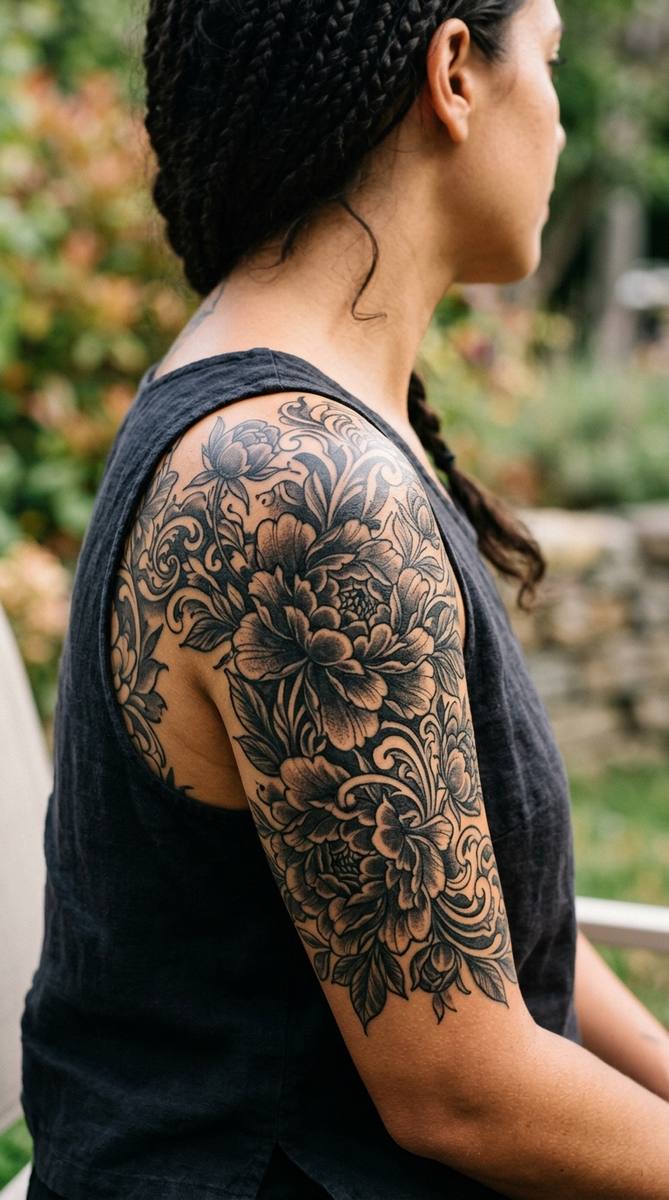 A close-up photograph of a woman's shoulder and upper arm covered in a dense blackwork floral cover-up tattoo, dark peony petals and heavy black shading flowing across sunlit skin.