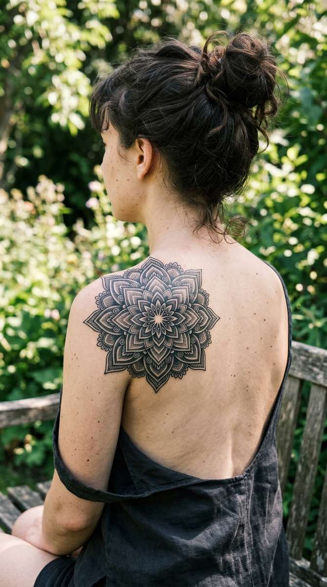 An intricate dark ornamental mandala tattoo with symmetrical dotwork and heavy black sections spread across a woman's shoulder blade.