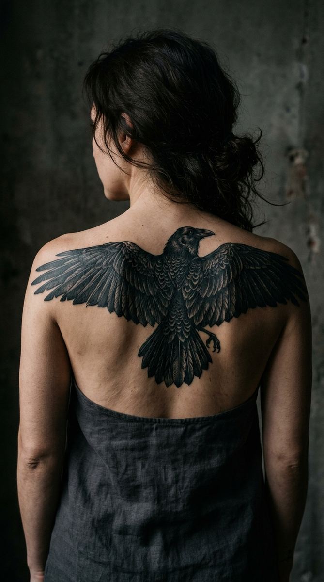 A dramatic blackwork raven tattoo with wings spread wide across a woman's upper back, dense feather shading hiding old ink.