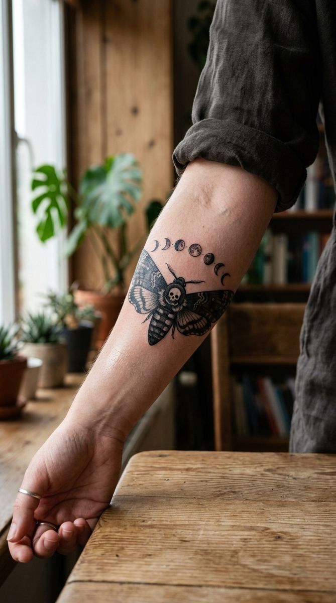 A large dark death's-head moth tattoo with patterned wings and small moon phase dots above it on a woman's forearm.