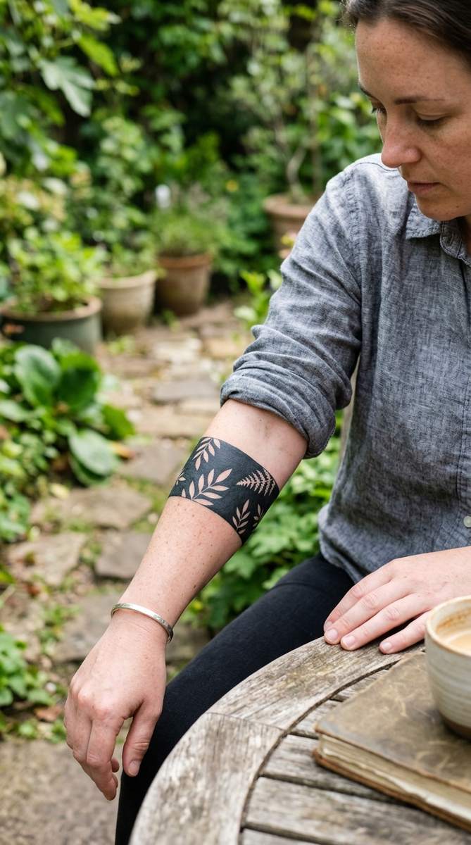 A bold blackout tattoo band wrapped around a woman's forearm, with small uninked botanical leaf shapes left as negative space within the solid black.