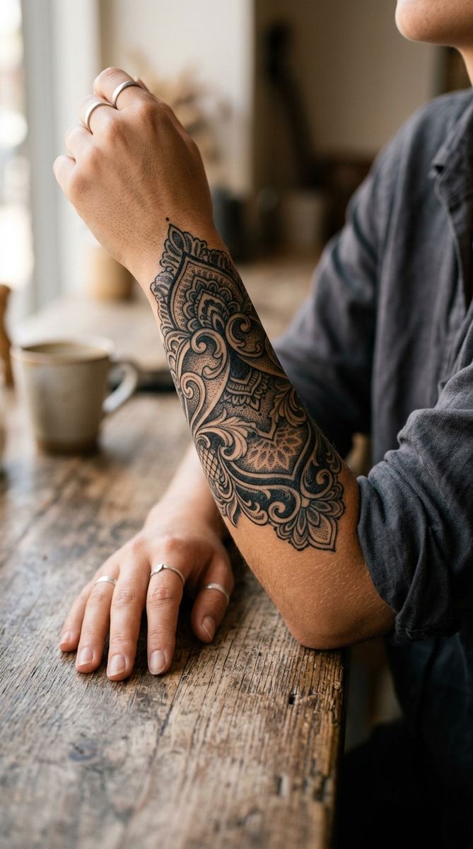 A dark ornamental lace cuff tattoo wrapping around a woman's forearm with filigree patterns, dotwork, and heavy black accents.