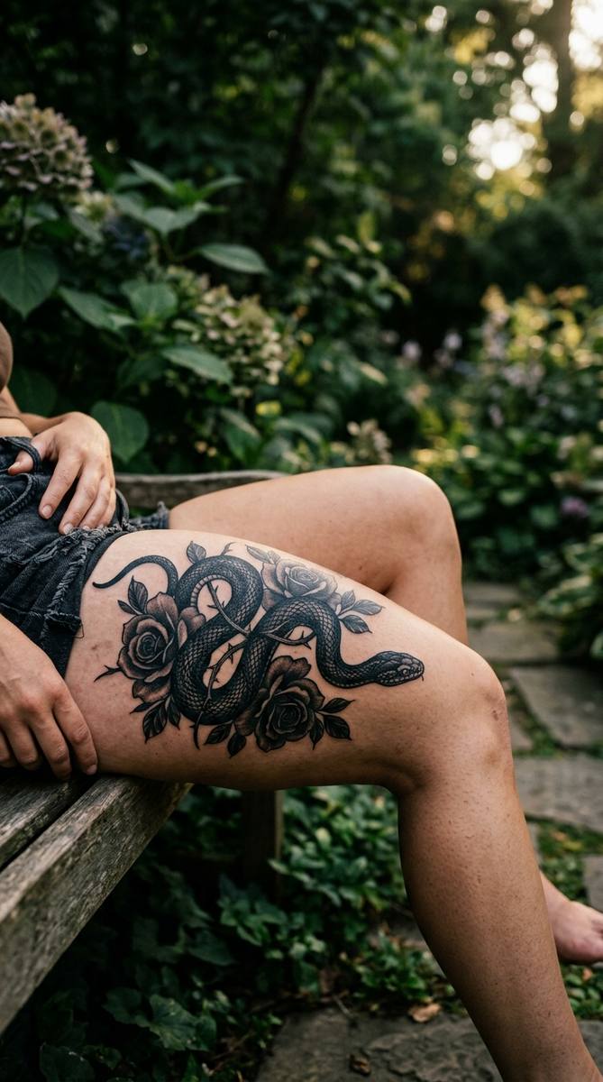 A blackwork serpent coiled among dark shaded roses on a woman's thigh, scales rendered in deep black texture.