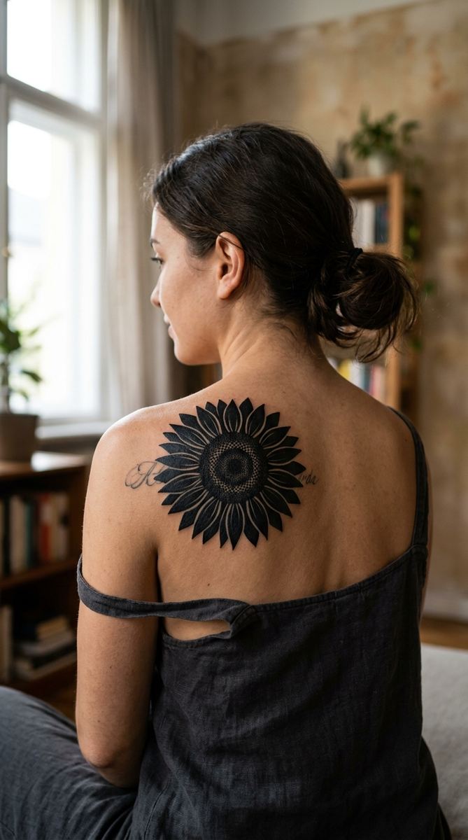 A bold blackwork sunflower tattoo with dark petals and a heavy black center on a woman's shoulder blade, covering old script lettering.