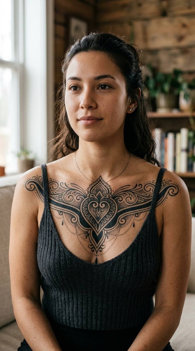 A dark ornamental chest tattoo with symmetrical filigree, dotwork, and bold black sections spread across a woman's upper chest.