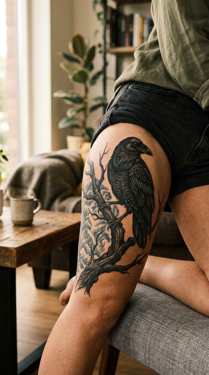 A detailed blackwork crow perched on a dark textured branch tattoo on a woman's thigh, deep black feathers hiding old ink.