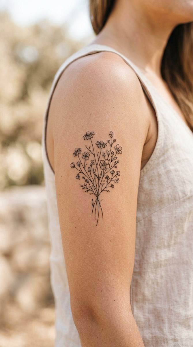 Cluster of tiny fine line wildflowers with thin stems on a woman's upper arm