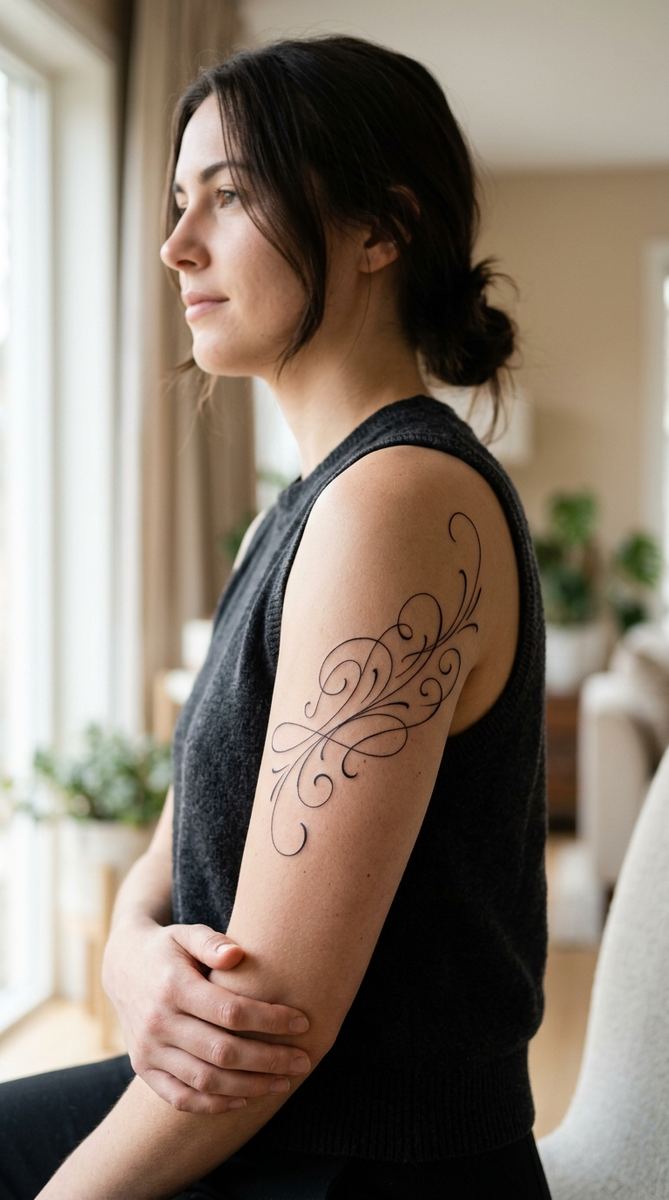 Fine line script-style flowing curve tattoo on a woman's upper arm
